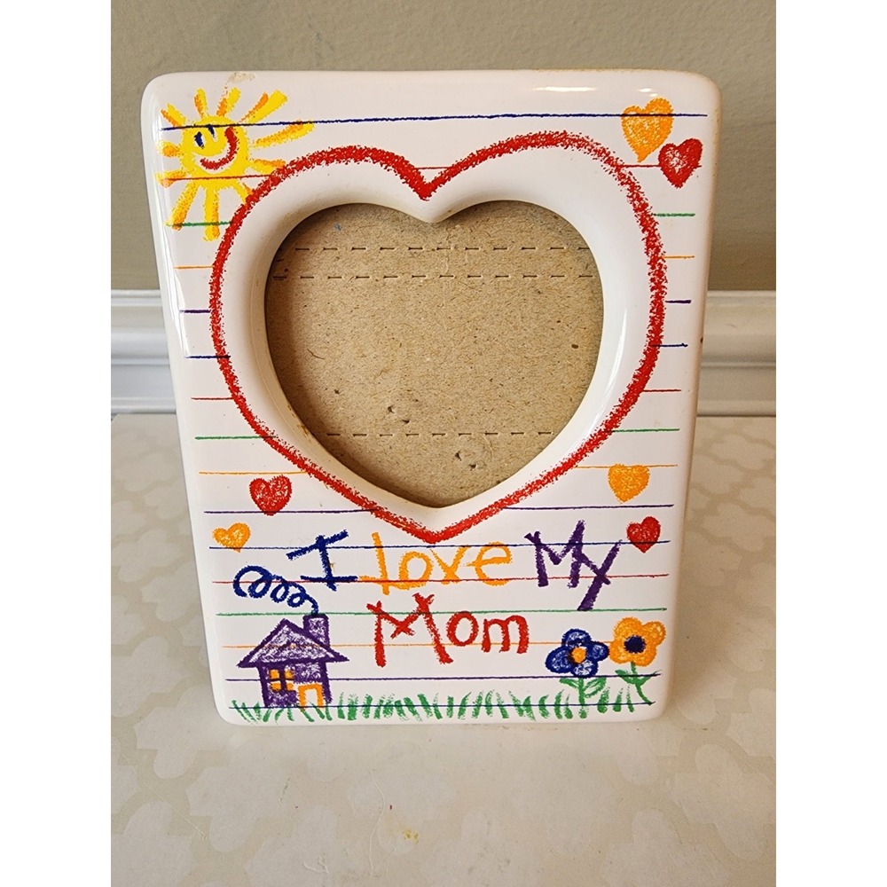 Vtg I Love My Mom Ceramic Heart Picture Frame Crayon Drawing Tabletop Papel